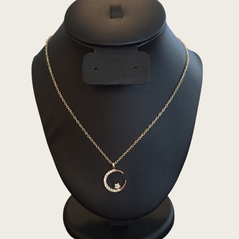 Gold Tone Crescent Moon and Star Crystal Pendant Necklace Celestial Jewelry‎